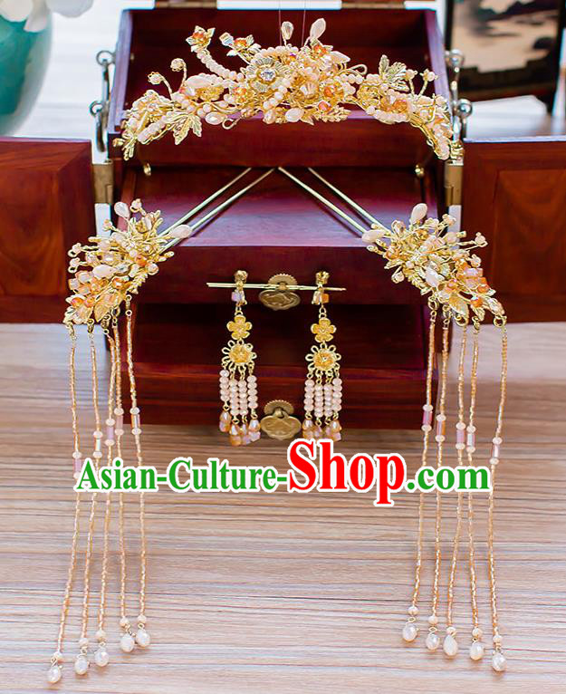 Chinese Ancient Wedding Beads Phoenix Coronet Hair Accessories Traditional Hanfu Tassel Hairpins for Women