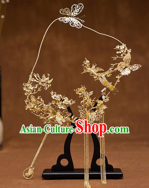 Chinese Ancient Bride Accessories Traditional Wedding Classical Golden Butterfly Palace Fans for Women
