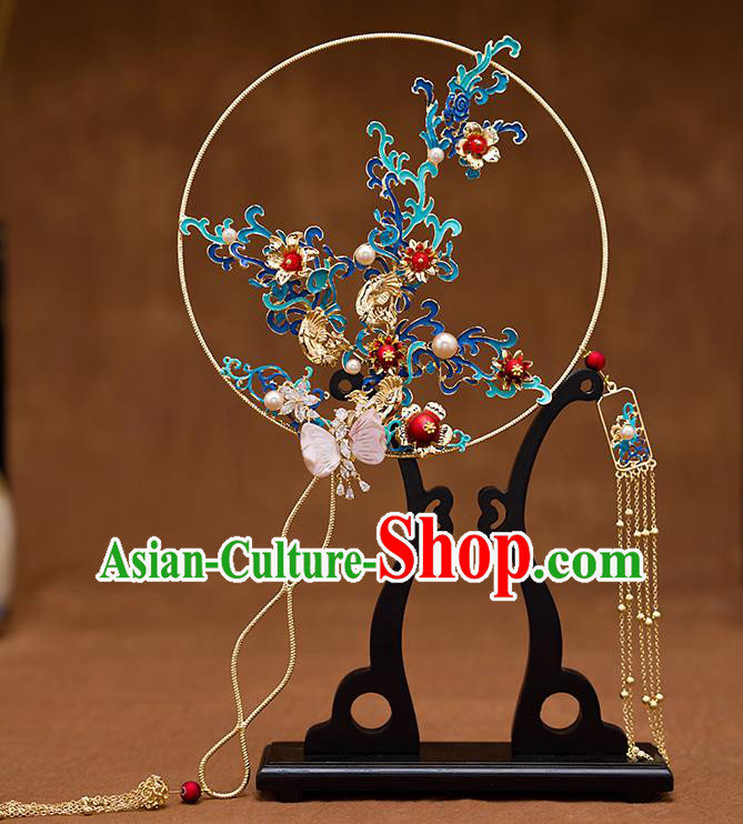 Chinese Ancient Bride Accessories Traditional Wedding Classical Blueing Palace Fans for Women