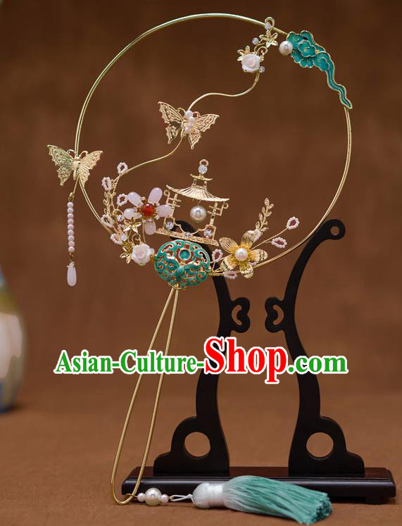 Chinese Ancient Bride Blueing Round Fans Traditional Wedding Classical Palace Fans for Women