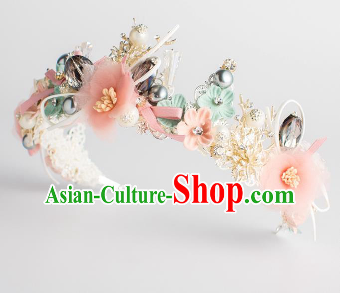 Handmade Wedding Hair Accessories Baroque Queen Pink Silk Flowers Royal Crown for Women