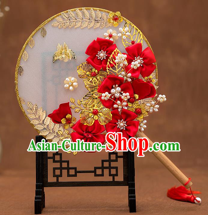 Chinese Ancient Bride Red Flowers Round Fans Traditional Wedding Classical Palace Fans for Women