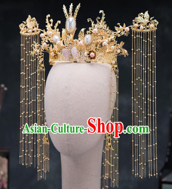 Chinese Ancient Queen Hair Accessories Golden Tassel Phoenix Coronet Traditional Hanfu Hairpins for Women
