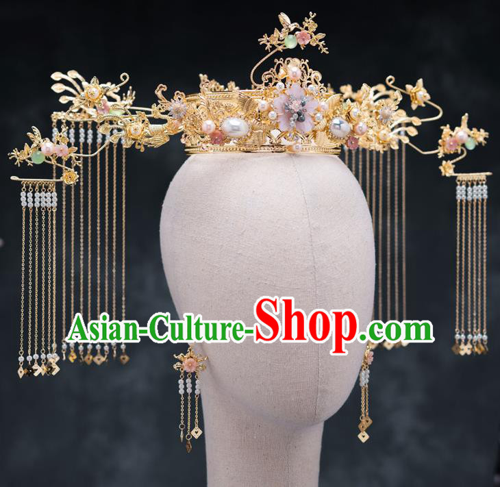Chinese Ancient Bride Hair Accessories Traditional Wedding Phoenix Coronet Hanfu Tassel Hairpins for Women