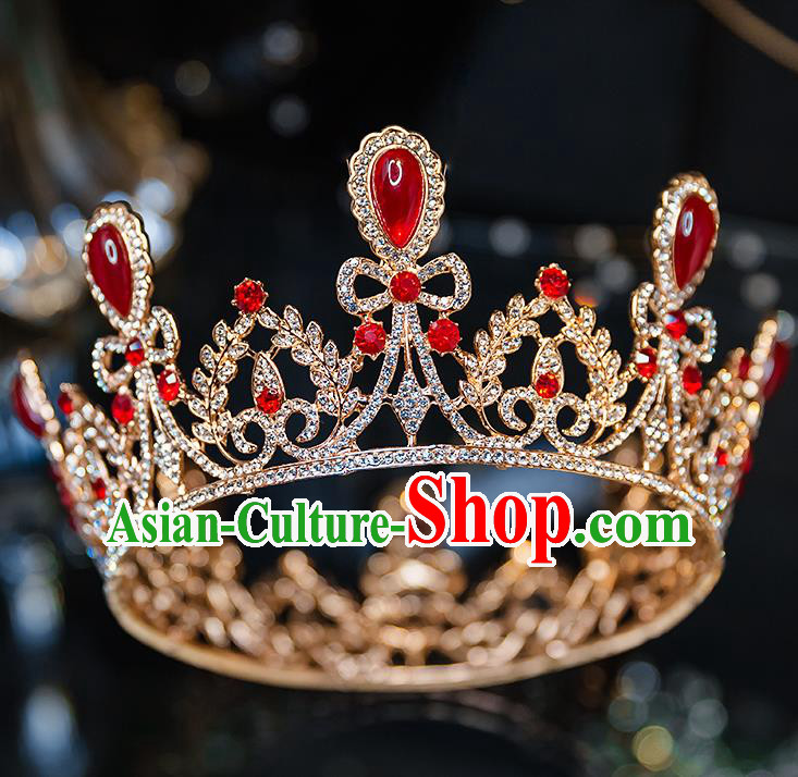Handmade Wedding Bride Hair Accessories Baroque Red Crystal Royal Crown for Women