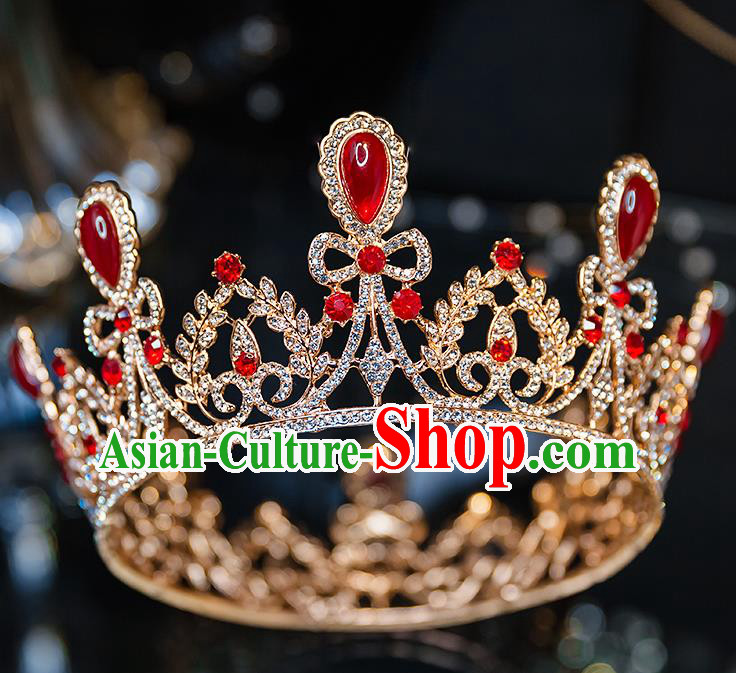 Handmade Wedding Bride Hair Accessories Baroque Red Crystal Royal Crown for Women
