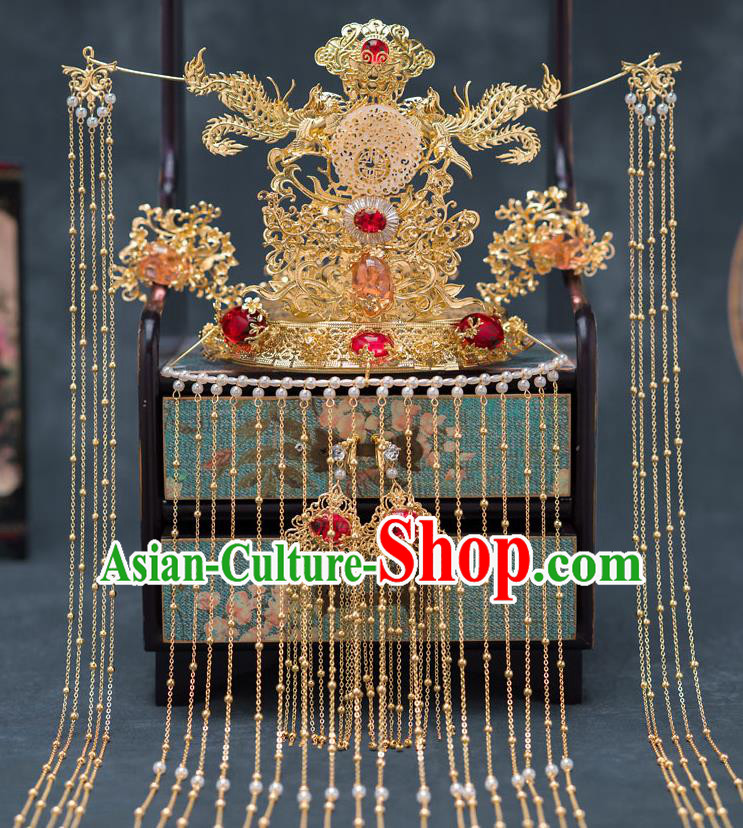 Chinese Ancient Palace Jade Phoenix Coronet Traditional Bride Hair Accessories for Women