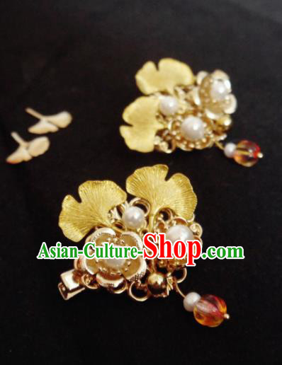 Chinese Ancient Hair Accessories Golden Ginkgo Hair Claws Traditional Bride Hanfu Hairpins for Women