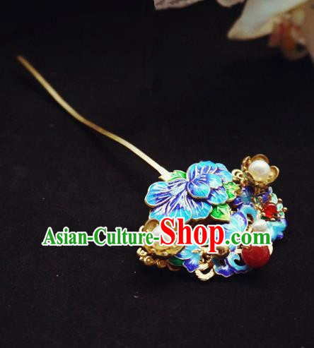 Chinese Ancient Hair Accessories Blueing Peony Hair Clip Traditional Bride Hanfu Hairpins for Women