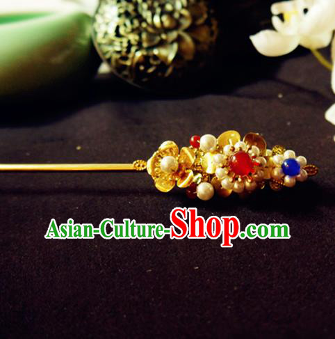 Chinese Ancient Hair Accessories Palace Pearls Golden Hair Clip Traditional Hanfu Classical Hairpins for Women