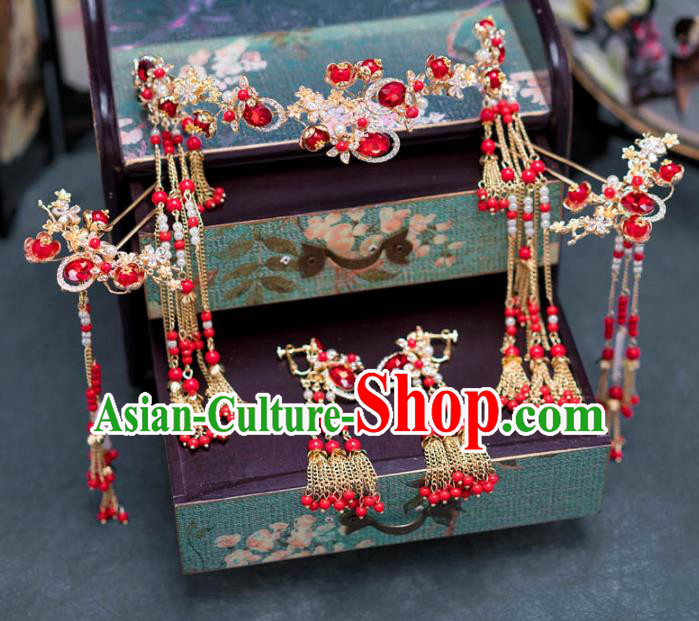 Chinese Ancient Palace Hair Accessories Hairpins Traditional Bride Red Crystal Hair Clasp for Women