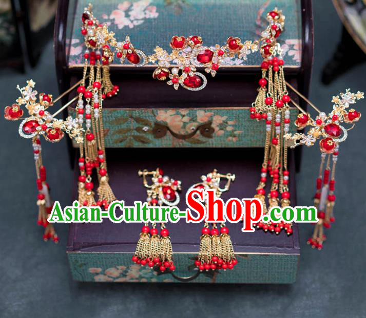 Chinese Ancient Palace Hair Accessories Hairpins Traditional Bride Red Crystal Hair Clasp for Women