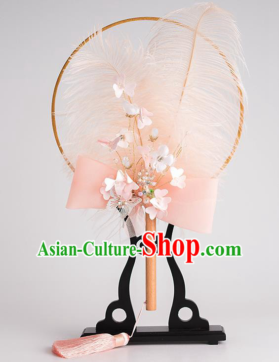 Chinese Traditional Wedding Pink Feather Round Fans Classical Ancient Bride Palace Fans for Women