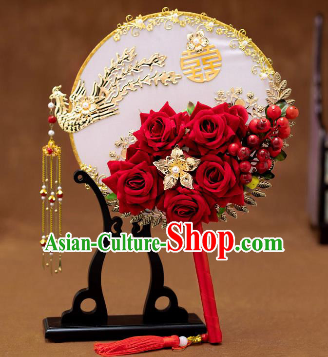 Chinese Ancient Bride Red Roses Round Fans Traditional Wedding Classical Phoenix Palace Fans for Women
