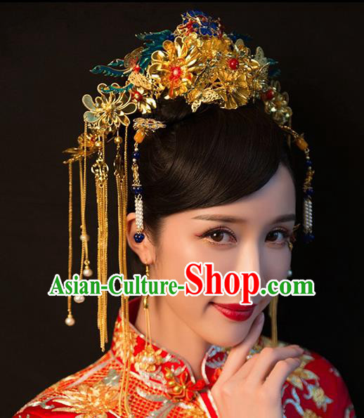 Chinese Ancient Queen Blueing Phoenix Coronet Traditional Wedding Hair Accessories Hairpins for Women