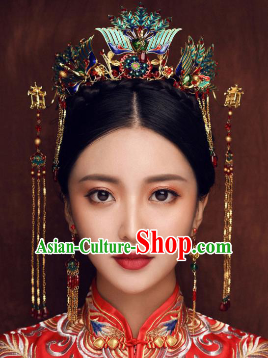 Chinese Ancient Queen Cloisonne Phoenix Coronet Traditional Wedding Hair Accessories Hairpins for Women