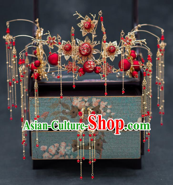 Chinese Ancient Bride Wedding Hairpins Traditional Red Beads Phoenix Coronet Hair Accessories for Women