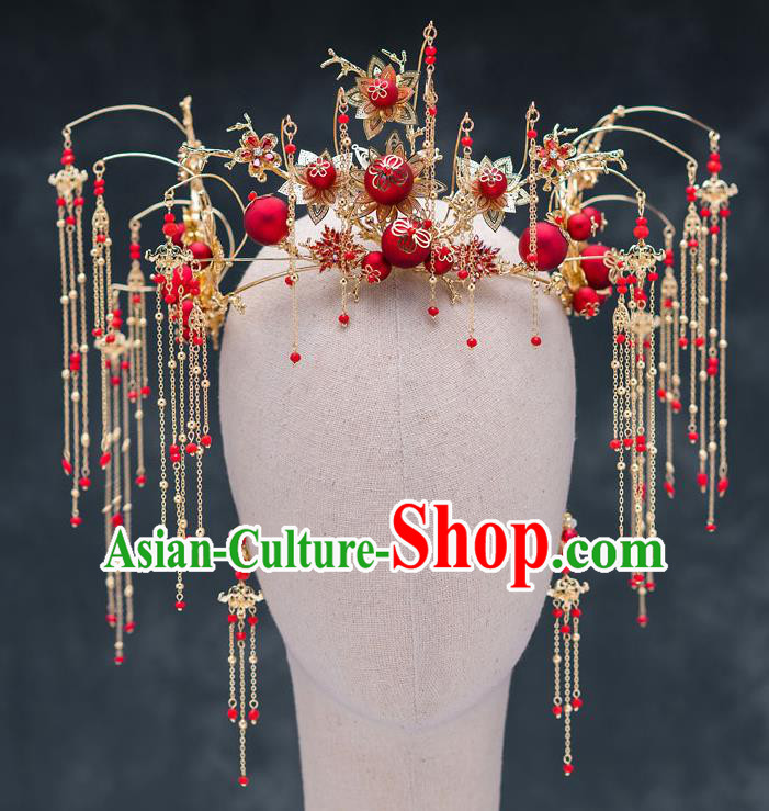 Chinese Ancient Bride Wedding Hairpins Traditional Red Beads Phoenix Coronet Hair Accessories for Women