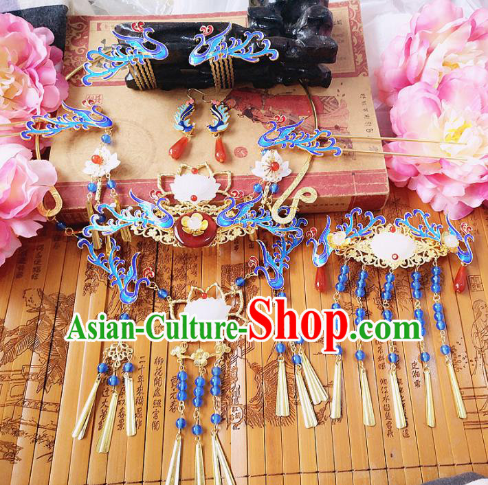 Chinese Ancient Queen Hair Accessories Traditional Hanfu Blueing Phoenix Coronet Hairpins for Women