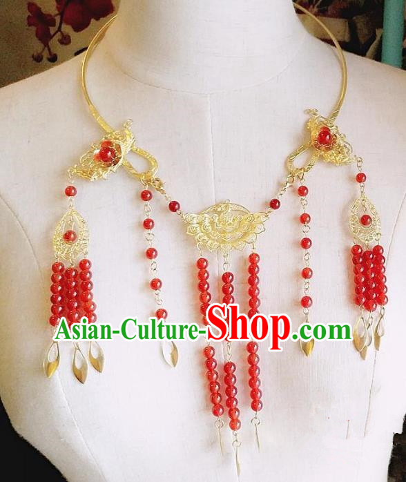 Chinese Ancient Bride Hanfu Accessories Traditional Palace Red Beads Tassel Necklace for Women
