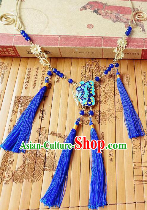 Chinese Ancient Bride Hanfu Accessories Traditional Palace Blue Tassel Necklace for Women