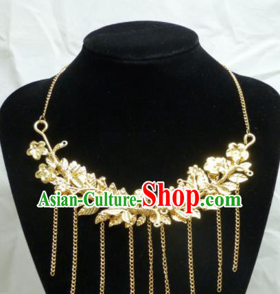 Chinese Ancient Bride Hanfu Accessories Traditional Palace Golden Leaf Necklace for Women