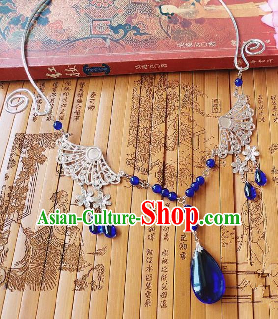 Chinese Ancient Bride Hanfu Accessories Traditional Palace Royalblue Crystal Necklace for Women