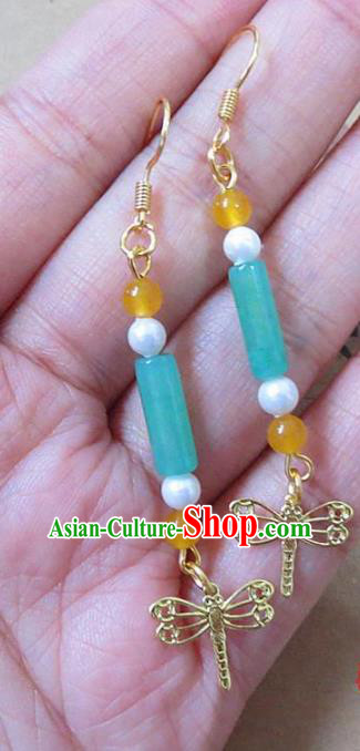 Chinese Ancient Princess Jewelry Accessories Traditional Jade Dragonfly Earrings for Women