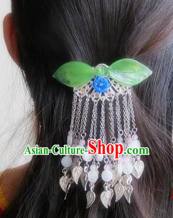 Chinese Ancient Princess Hair Accessories Traditional Hanfu Green Leaf Tassel Hair Comb Hairpins for Women