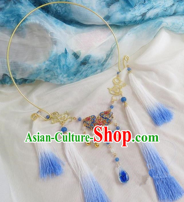 Chinese Ancient Bride Hanfu Accessories Traditional Palace Blue Tassel Necklace for Women