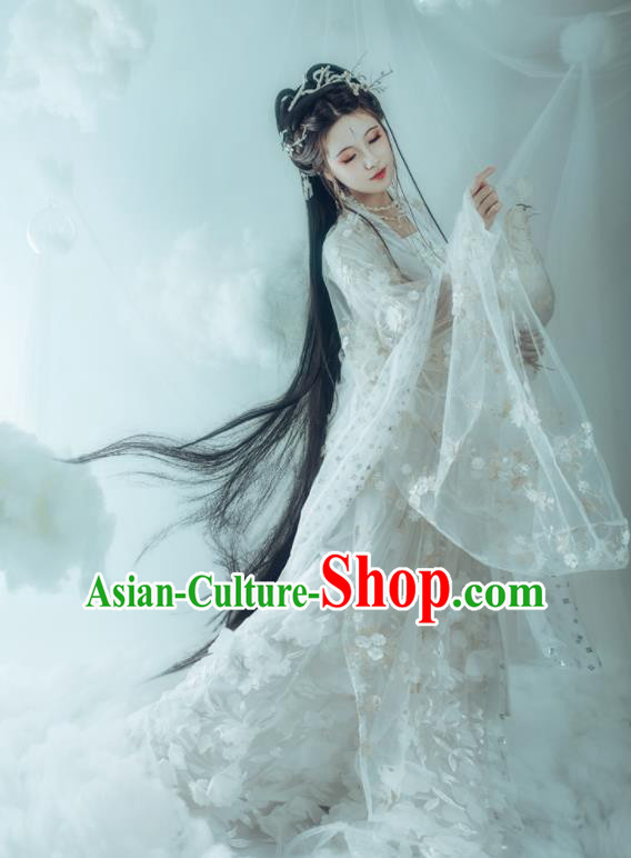 Traditional Chinese Tang Dynasty Princess Replica Costumes Ancient Peri White Hanfu Dress for Women