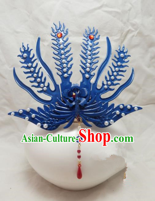 Chinese Ancient Hairpins Palace Queen Blue Phoenix Coronet Hair Accessories Traditional Hair Comb for Women