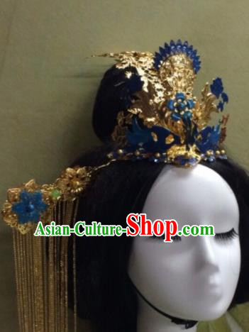 Chinese Traditional Palace Hairpins Ancient Han Dynasty Queen Blue Phoenix Coronet Hair Accessories for Women