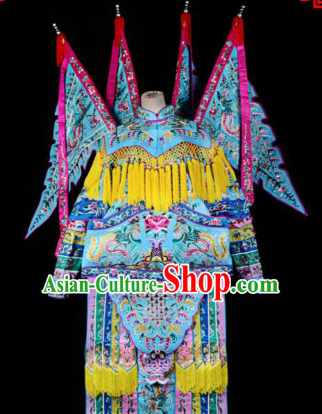Professional Chinese Traditional Beijing Opera Female General Blue Costume for Adults