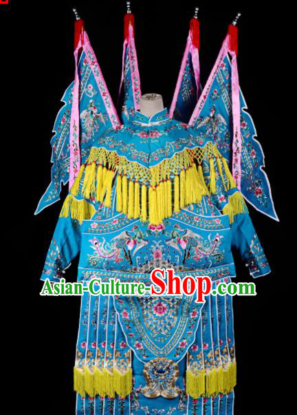 Professional Chinese Traditional Beijing Opera Female General Costume Peking Opera Blue Clothing for Adults