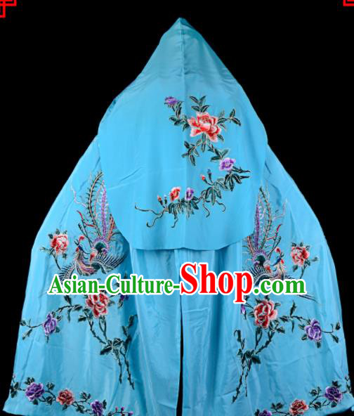 Professional Chinese Traditional Beijing Opera Swordswomen Costume Embroidered Blue Cloak for Adults