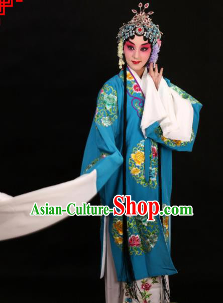 Professional Chinese Traditional Beijing Opera Costume Old Women Embroidered Blue Dress for Adults