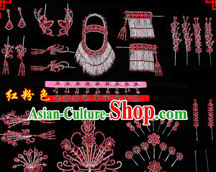Chinese Beijing Opera Diva Hair Accessories Ancient Princess Red Hairpins Complete Set for Women