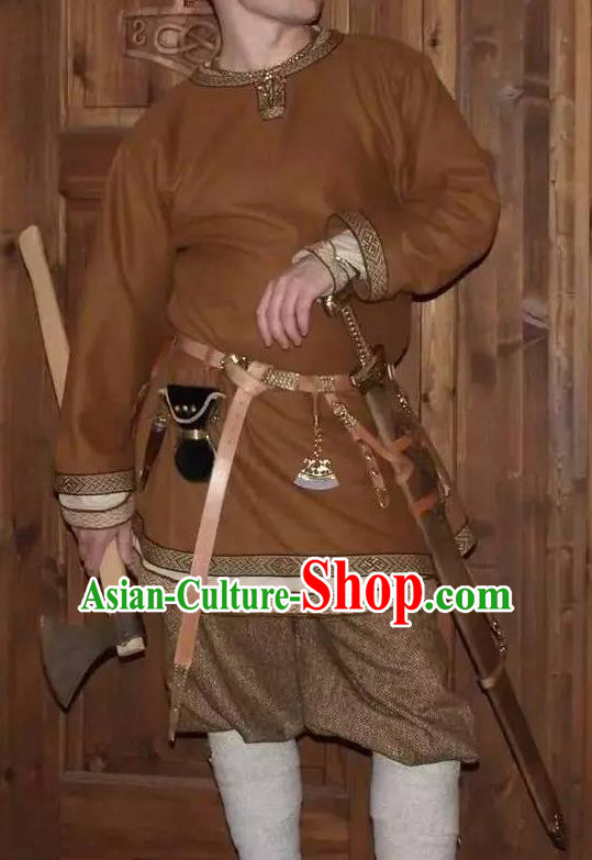 Traditional Roman Male Costume Ancient Rome Warrior Brown Tunics Clothing for Men