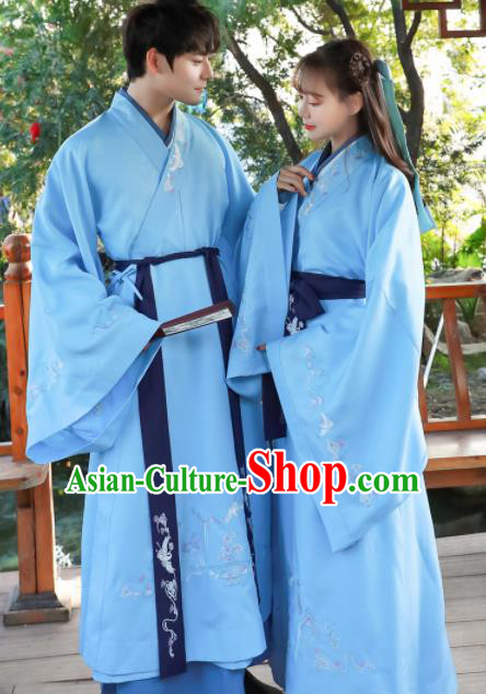 Chinese Ancient Swordsman Blue Hanfu Dress Traditional Han Dynasty Scholar Replica Costume for Women for Men