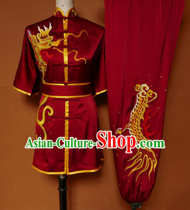 Top Kung Fu Group Competition Costume Martial Arts Training Embroidered Dragon Red Uniform for Men
