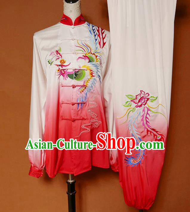 Top Group Kung Fu Costume Tai Ji Training Embroidered Phoenix Red Uniform Clothing for Women