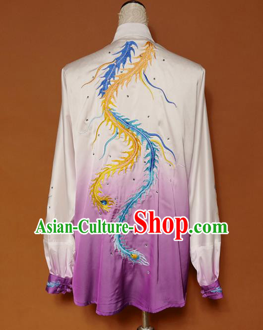 Top Group Kung Fu Costume Tai Ji Training Embroidered Phoenix Purple Uniform Clothing for Women