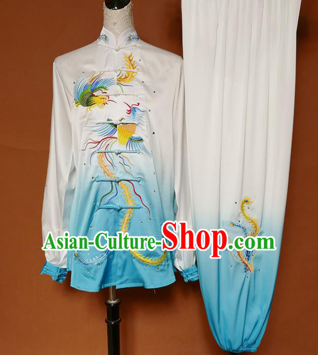 Top Group Kung Fu Costume Tai Ji Training Embroidered Phoenix Blue Uniform Clothing for Women