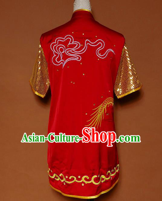 Top Kung Fu Group Competition Costume Martial Arts Wushu Training Embroidered Dragon Red Uniform for Men
