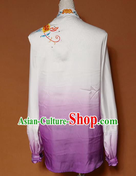 Top Group Kung Fu Costume Tai Ji Training Embroidered Flowers Purple Uniform Clothing for Women