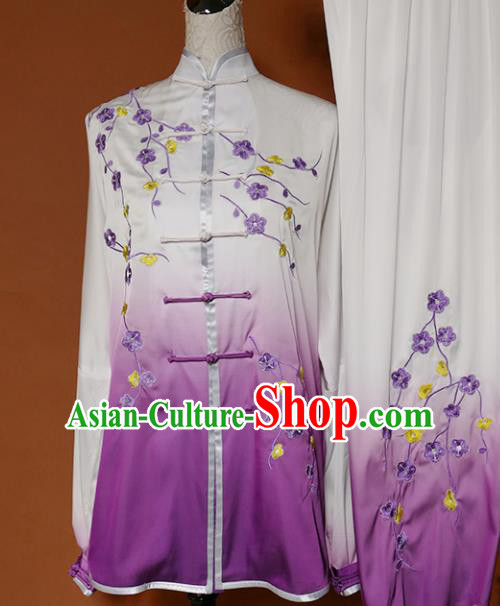 Top Grade Kung Fu Costume Martial Arts Training Tai Ji Embroidered Plum Blossom Purple Uniform for Adults