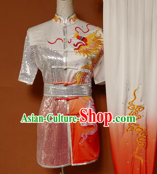 Top Kung Fu Group Competition Costume Martial Arts Wushu Embroidered Dragon Orange Uniform for Men