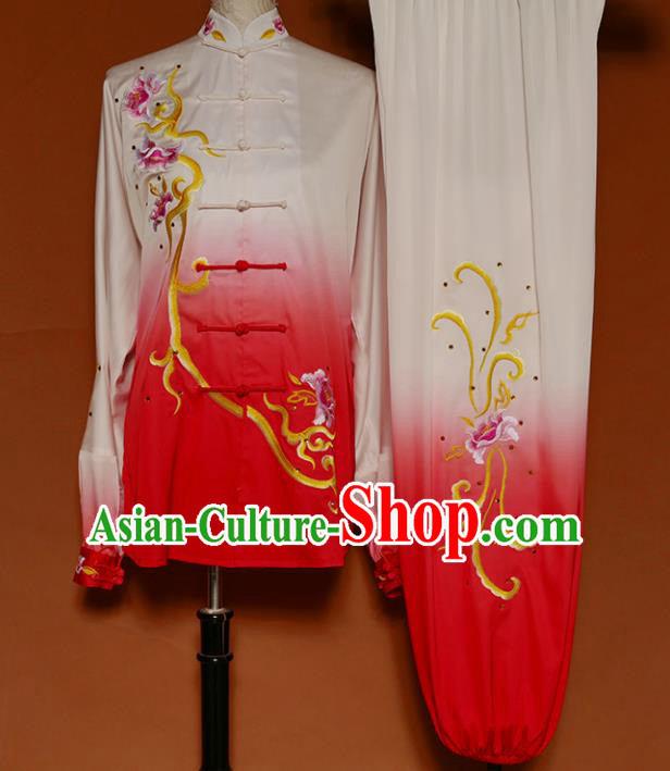 Top Group Kung Fu Costume Martial Arts Gongfu Training Uniform Tai Ji Embroidered Peony Red Clothing for Women