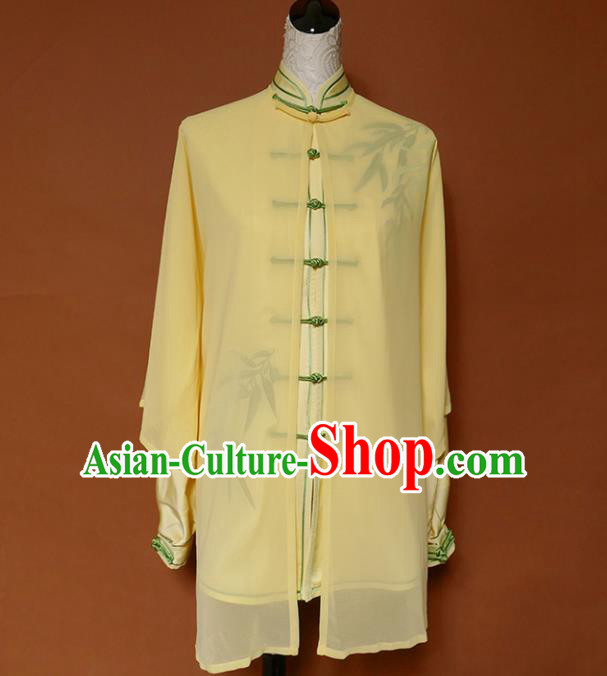 Top Group Kung Fu Costume Tai Ji Training Embroidered Bamboo Yellow Uniform Clothing for Women